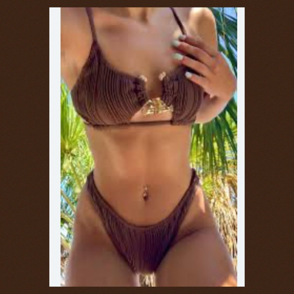 Zaful Brown Textured Bikini Set Modern Minimalist Swimwear - Picture 4 of 6